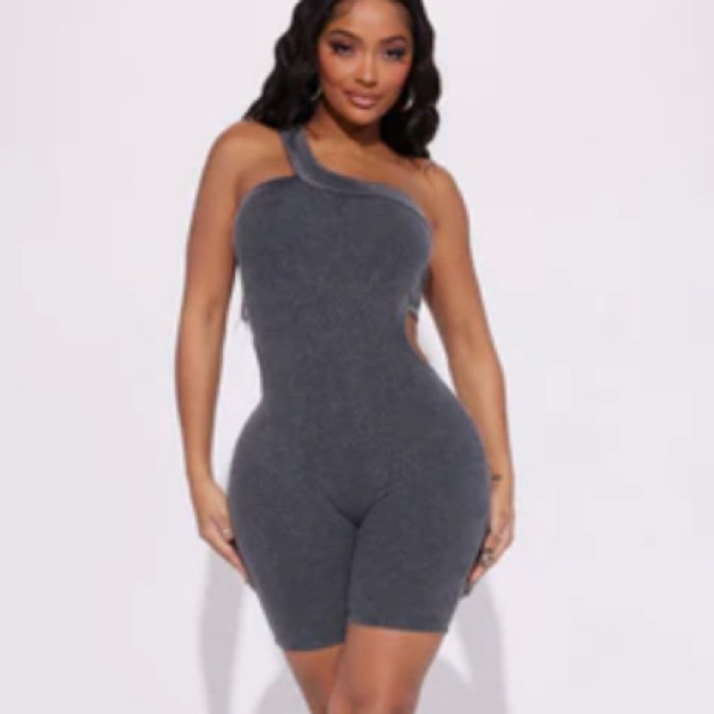 Black grey ribbed stretch, one shoulder romper, shorts, backless halter sexy XL